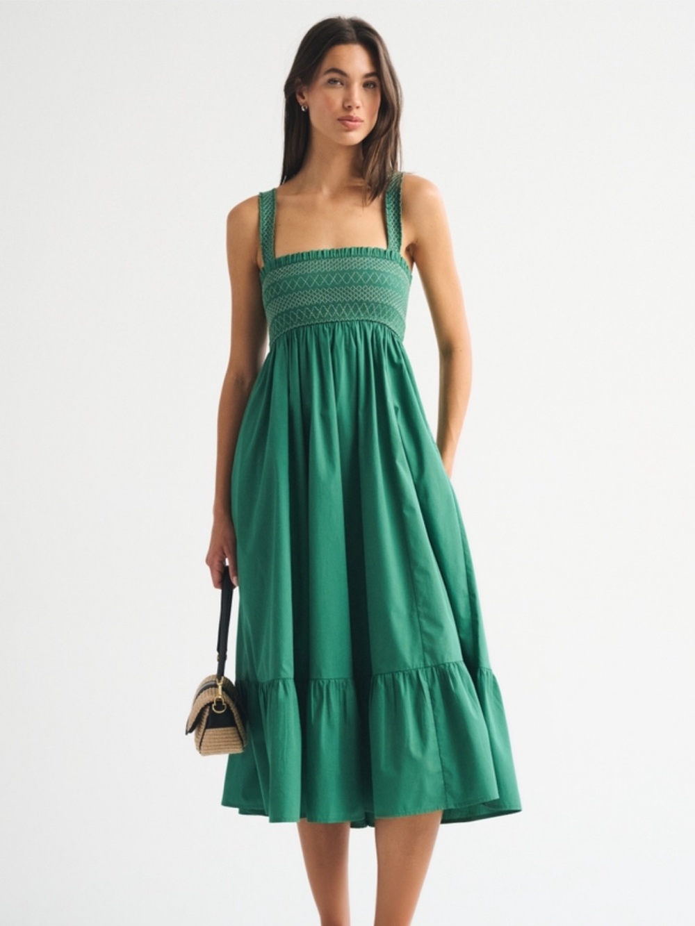 Abercrombie & Fitch Emerald Green Smocked Midi Dress